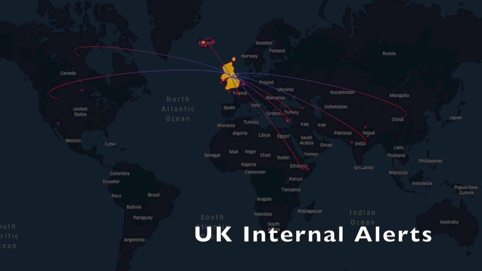 Map of the world where lines between the UK and other countries indicate the 8 countries where alerts from the UK Internal alerts have originated from